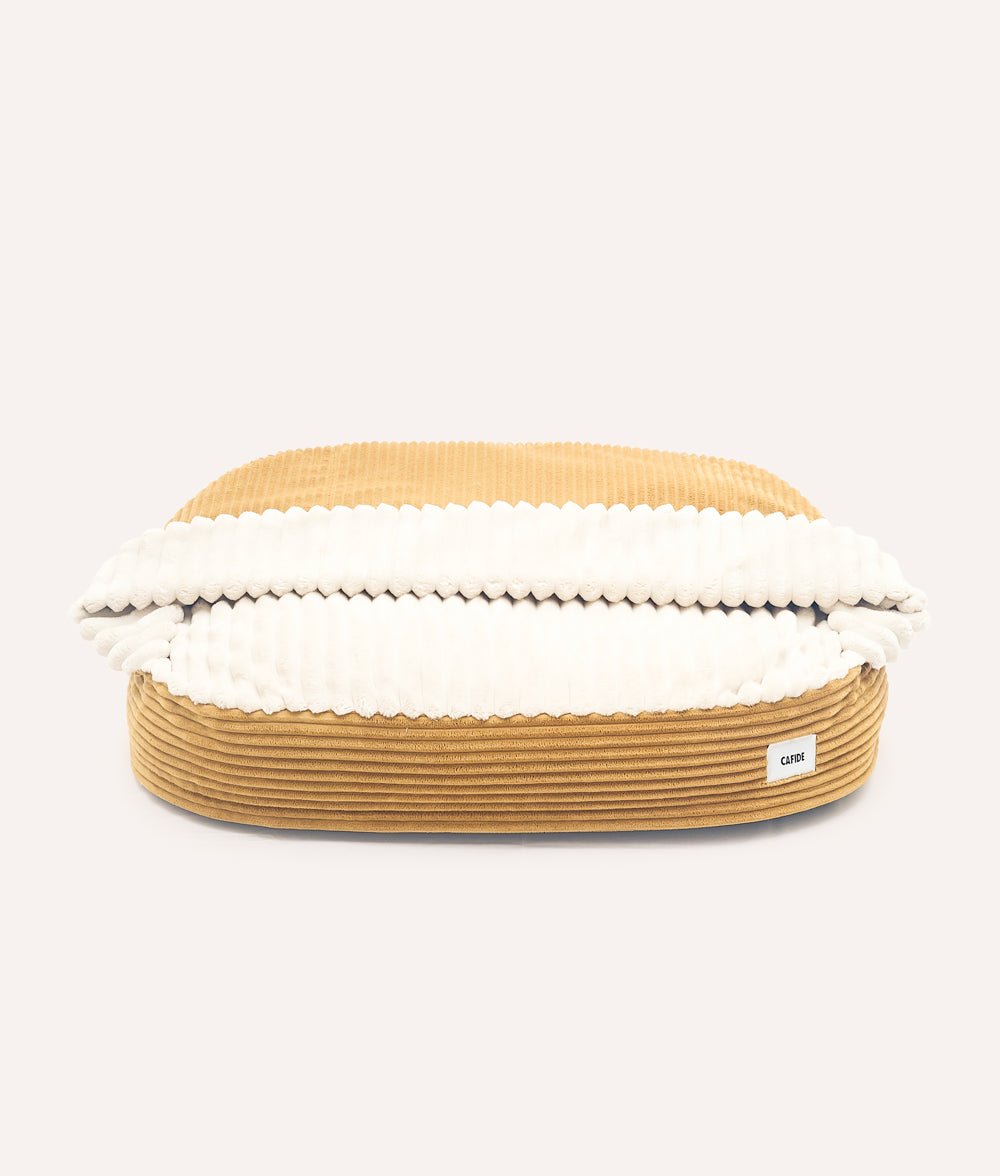 Senfgelbes Hundebett mit Kapuze aus Cord, Maso